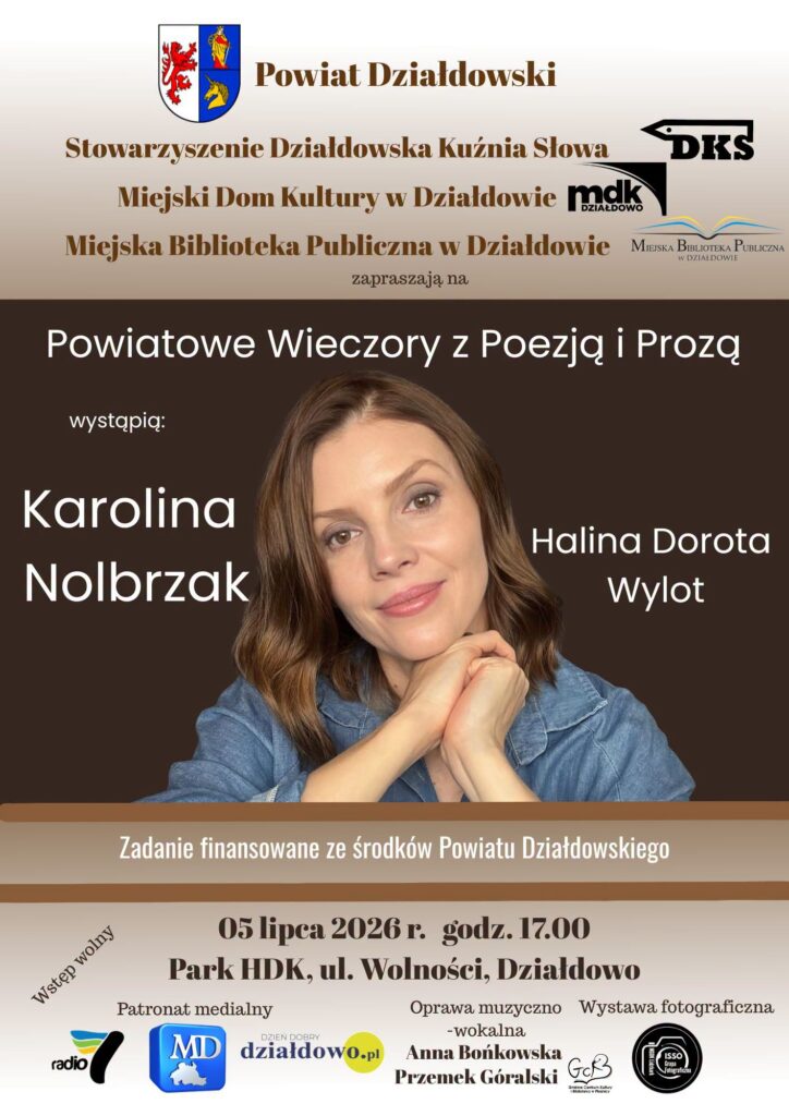 plakat informujący o drugim spotkaniu z cyklu Powiatowych Wieczorów z Poezją i Prozą 2026, które odbędzie się 5 lipca w Parku HDK w Działdowie