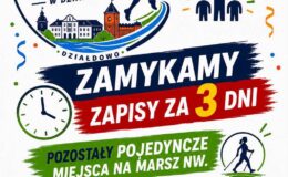 plakat informujący o pojedynczych wolnych miejscach w marszu NW w ramach Urodzinowego Festiwalu Biegowego w Działdowie