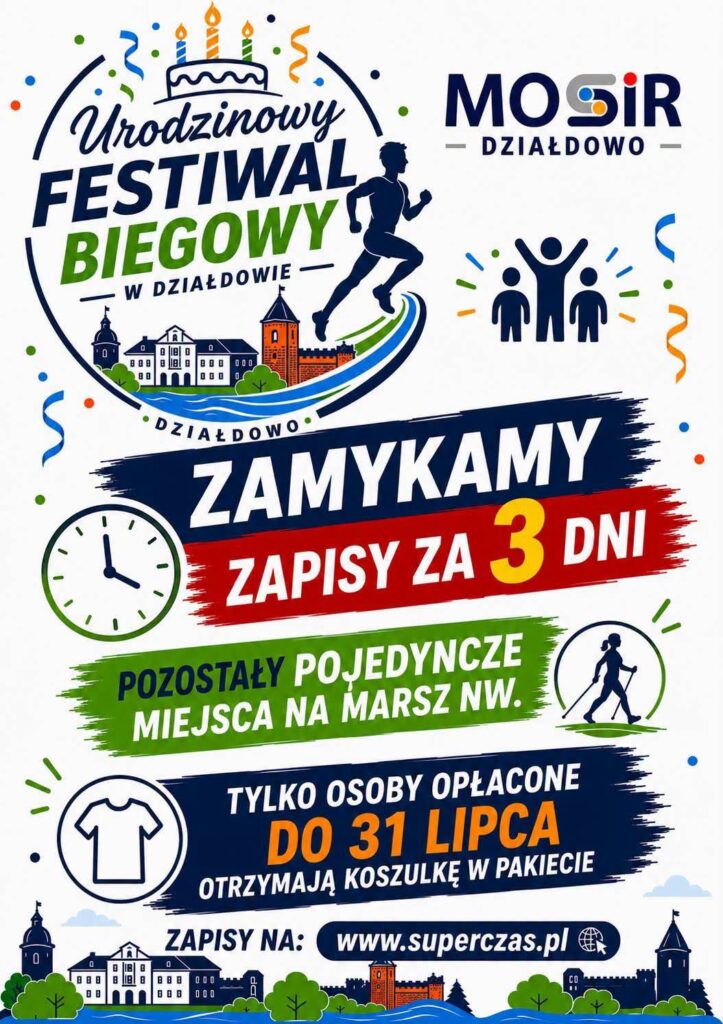 plakat informujący o pojedynczych wolnych miejscach w marszu NW w ramach Urodzinowego Festiwalu Biegowego w Działdowie