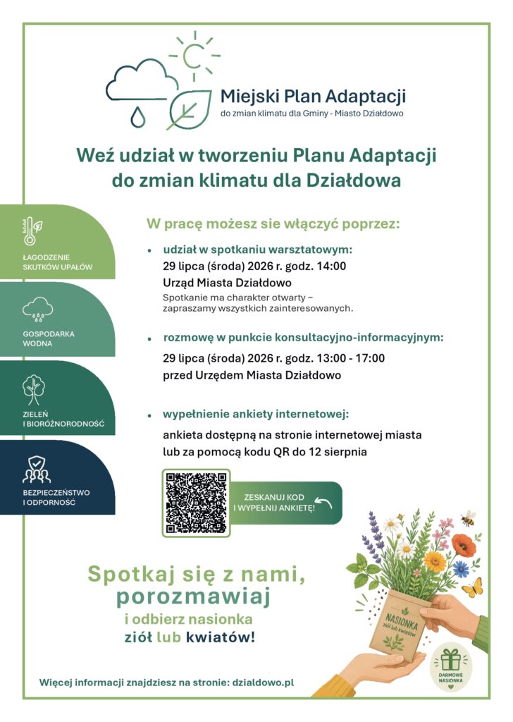 (Na zdjęciu głównym obwieszenie dotyczące konsultacji społecznych związanych z adaptacją do zmian klimatu dla Gminy-Miasto Działdowo