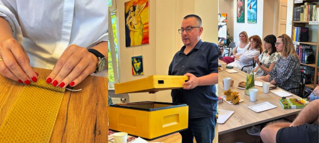 kolaż zdjęć, na którym widać Pawła Świątka z pokazowym ulem podczas warsztatów w Powiatowej Bibliotece Pedagogicznej w Działdowie i zajęcia warsztatowe / fot. archiwum biblioteki