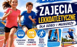 plakat informujący o  zajęciach lekkoatletycznych podczas wakacji w MOSiR Działdowo