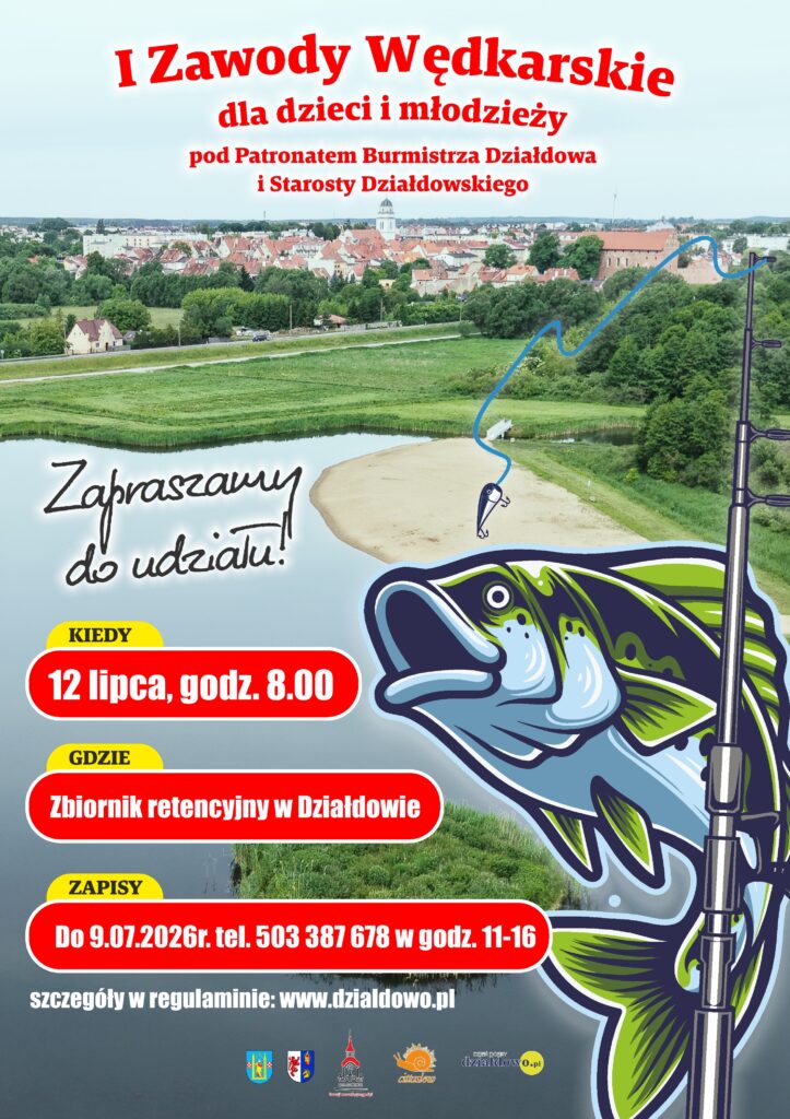 plakat informujący o I Zawodach Wędkarskich dla Dzieci i Młodzieży pod Patronatem Burmistrza
