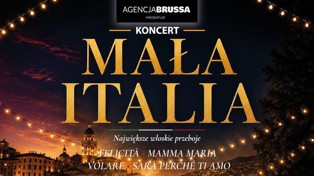 grafika informująca o koncercie „Mała Italia”, który odbędzie się MDK w Działdowie