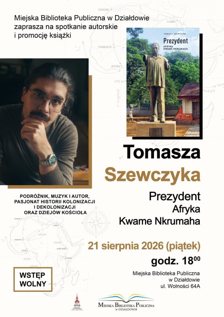 plakat informujący o spotkaniu autorskim w bibliotece w Działdowie