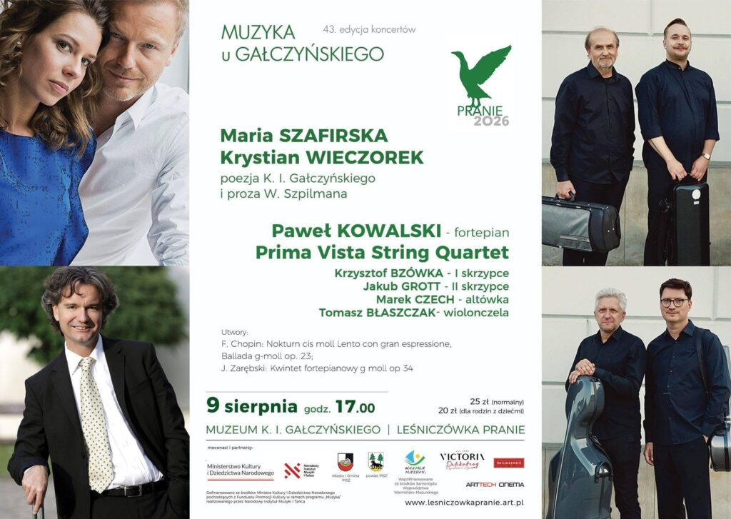 plakat informujący o 43. edycji koncertów "Muzyka u Gałczyńskiego" w Leśniczówce Pranie