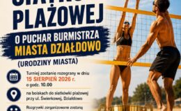 plakat informujący o Turnieju Siatkówki Plażowej o Puchar Burmistrza 682 rocznicy Urodzin Miasta