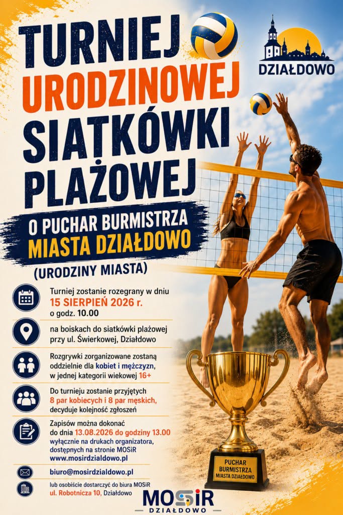 plakat informujący o Turnieju Siatkówki Plażowej o Puchar Burmistrza 682 rocznicy Urodzin Miasta