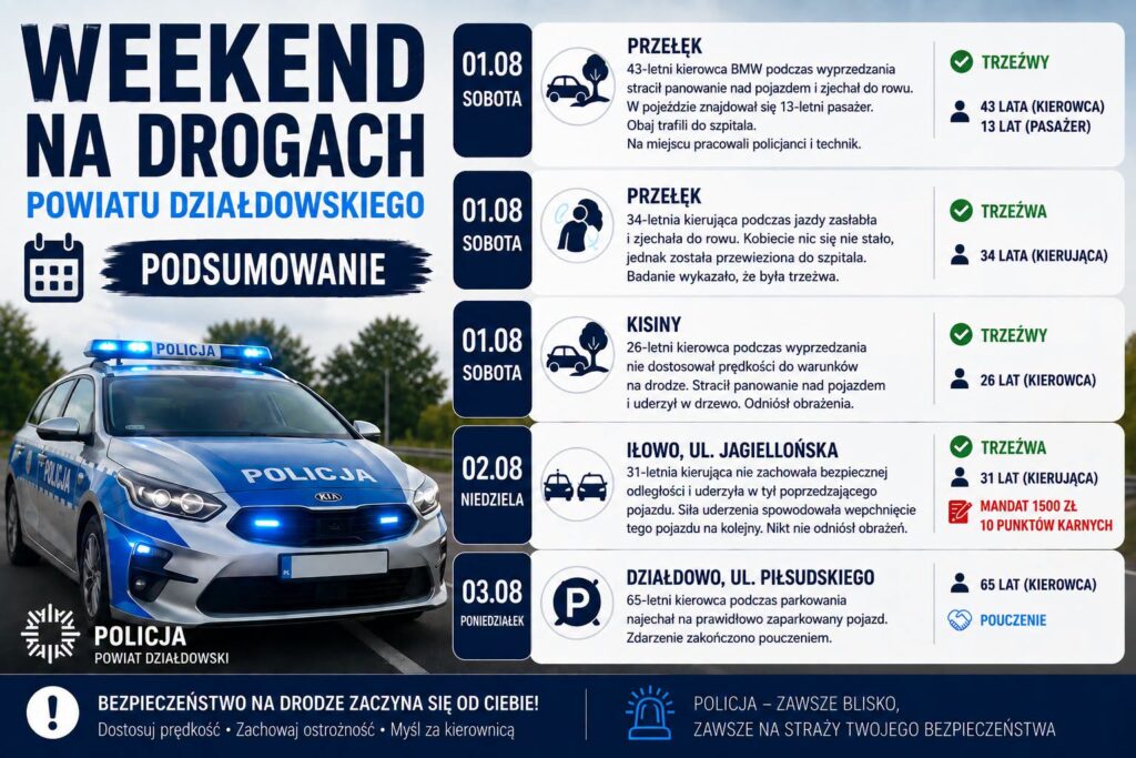 infografika przedstawiająca policyjne podsumowanie weekendu na drogach powiatu działdowskiego