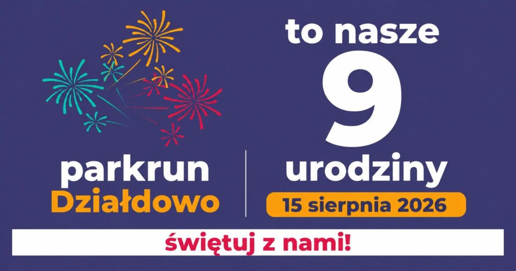 grafika informująca o 9. urodzinach parkrun Działdowo