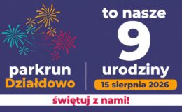 grafika informująca o 9. urodzinach parkrun Działdowo