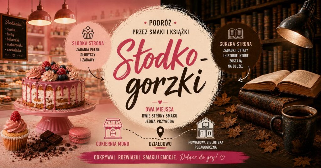 plakat informujący o zabawie: "Słodko-gorzki – podróż przez smaki i książki”