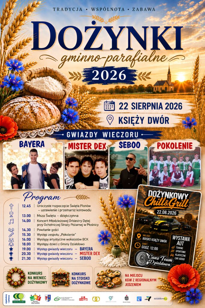 plakat informujący o Dożynkach gminno-parafialnych w Księżym Dworze
