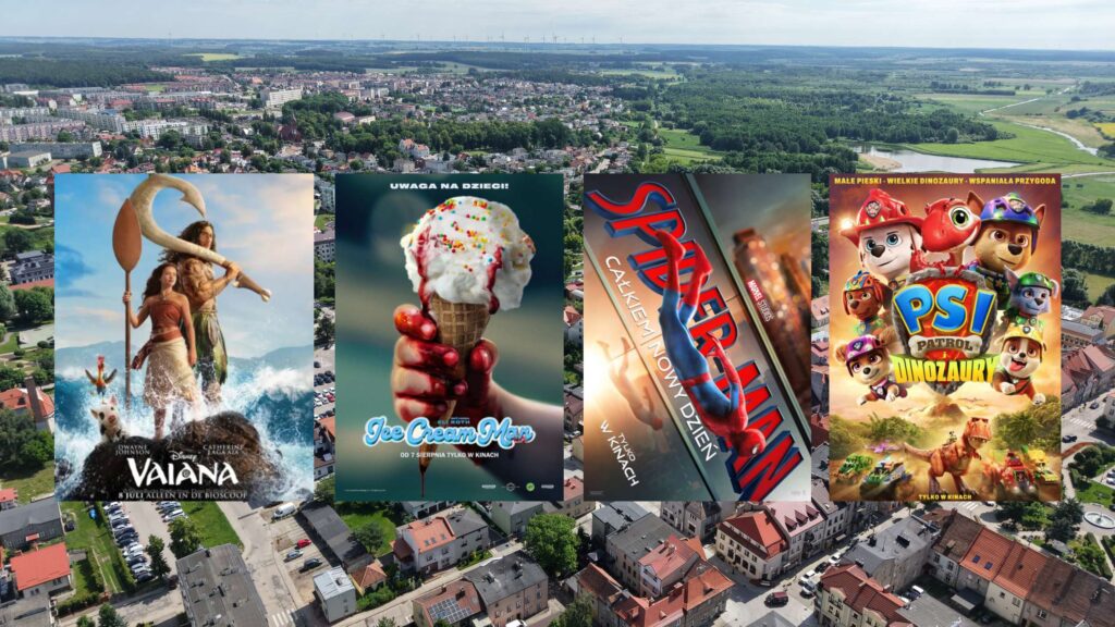 plakaty filmów jak:"Psi Patrol i dinozaury", "Spider-Man: Całkiem nowy dzień", "Ice Cream Man", "Vaiana"