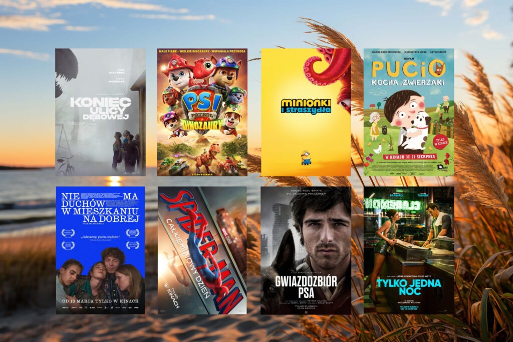 plakaty filmów jak: "Pucio kocha zwierzaki", "Minionki i straszydła", "Psi Patrol i dinozaury", "Koniec ulicy dębowej", "Nie ma duchów w mieszkaniu na Dobrej", Spider-Man: Całkiem nowy dzień", "Gwiazdozbiór psa", "Tylko jedna noc"