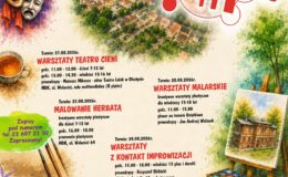 plakat informujący o warsztatach artystycznych "Moje miasto", treść i grafika
