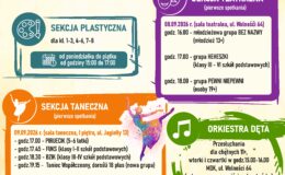 plakat informujący o naborze do sekcji artystycznych w Miejskim Domu Kultury w Działdowie na rok 2026/27