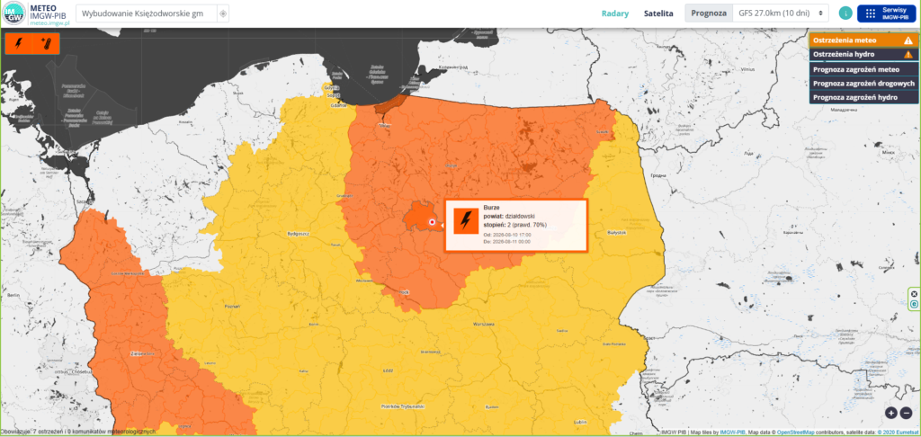 mapa polski z zaznaczeniem ostrzeżenia o burzach