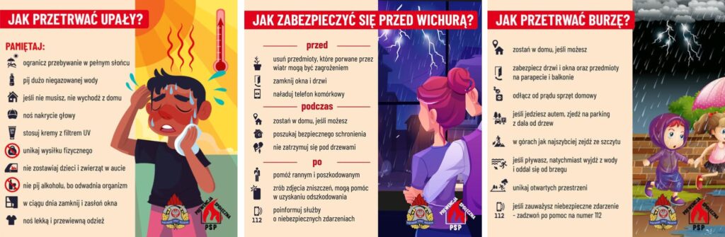 Infografika - Przeczytaj, jak bezpiecznie przetrwać burzę, jak przetrwać upał i jak zabezpieczyć się przed wichurą