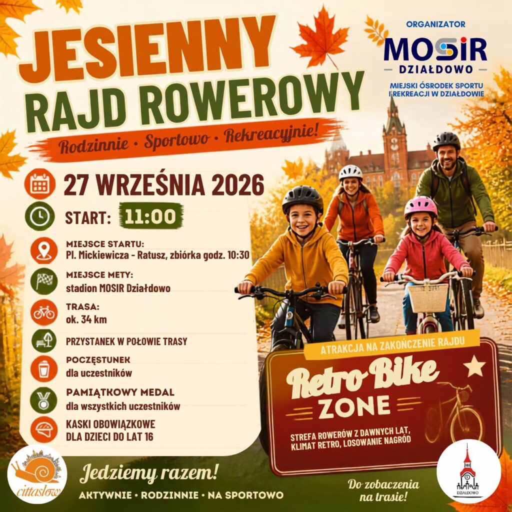 plakat zapraszający na Jesienny Rajd Rowerowy organizowany przez MOSiR Działdowo