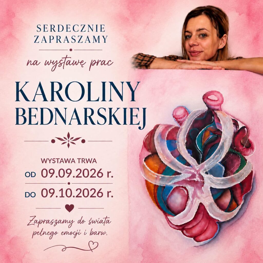 plakat zapraszający na wystawę malarstwa Karoliny Bednarskiej do Powiatowej Biblioteki Pedagogicznej w Działdowie