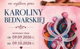 plakat zapraszający na wystawę malarstwa Karoliny Bednarskiej do Powiatowej Biblioteki Pedagogicznej w Działdowie