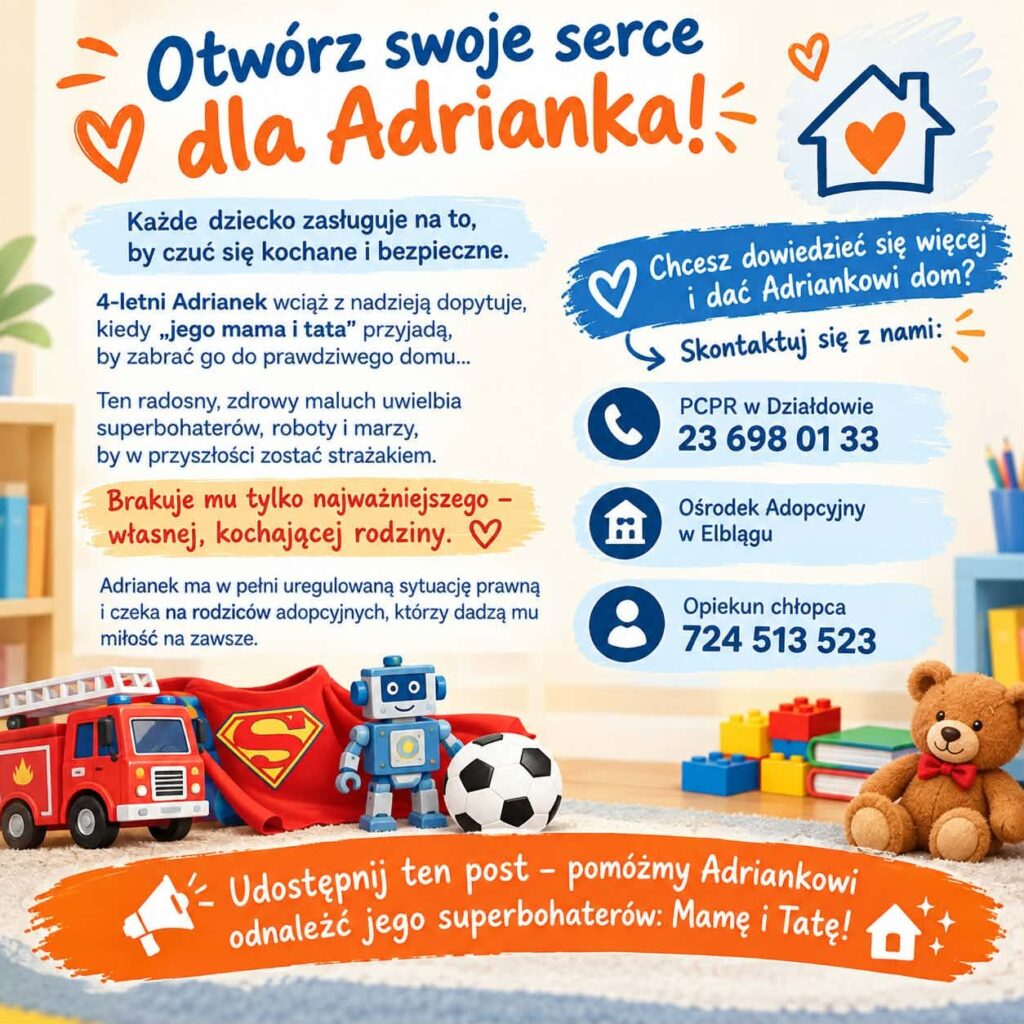 plakat informujący o Adrianku, który poszukuje kochającej rodziny