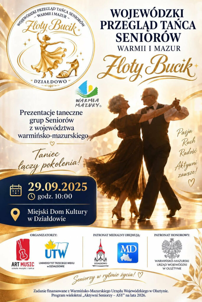plakat zapraszający na Przegląd Tańca Seniorów Warmii i Mazur "Złoty Bucik 2026" w Działdowie