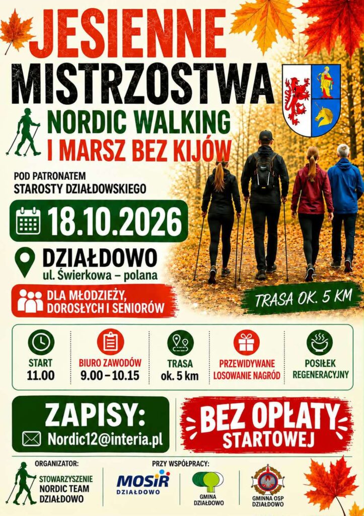 plakat informujący o Jesiennych Mistrzostwa Nordic Walking i marsz bez kijów, organizowanych przez Stowarzyszenie Nordic Team Działdowo