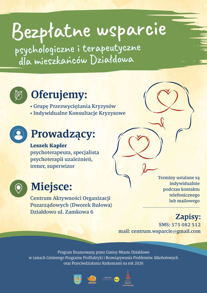 plakat informujący o bezpłatnym wsparciu psychologicznym i terapeutycznym w Dworku Bulowa w Działdowie