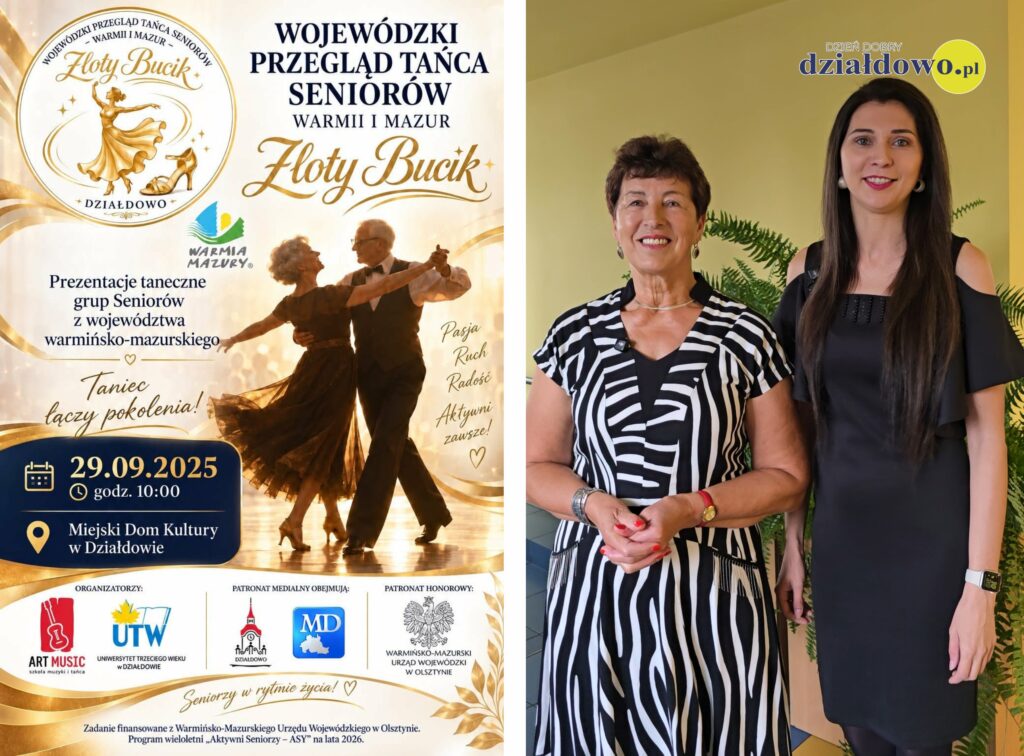 plakat zapraszający na Przegląd Tańca Seniorów Warmii i Mazur "Złoty Bucik 2026" w Działdowie i Krystyna Wasiak i Kornelia Falk