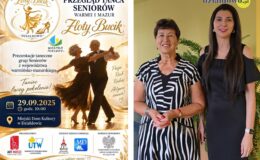 plakat zapraszający na Przegląd Tańca Seniorów Warmii i Mazur "Złoty Bucik 2026" w Działdowie i Krystyna Wasiak i Kornelia Falk