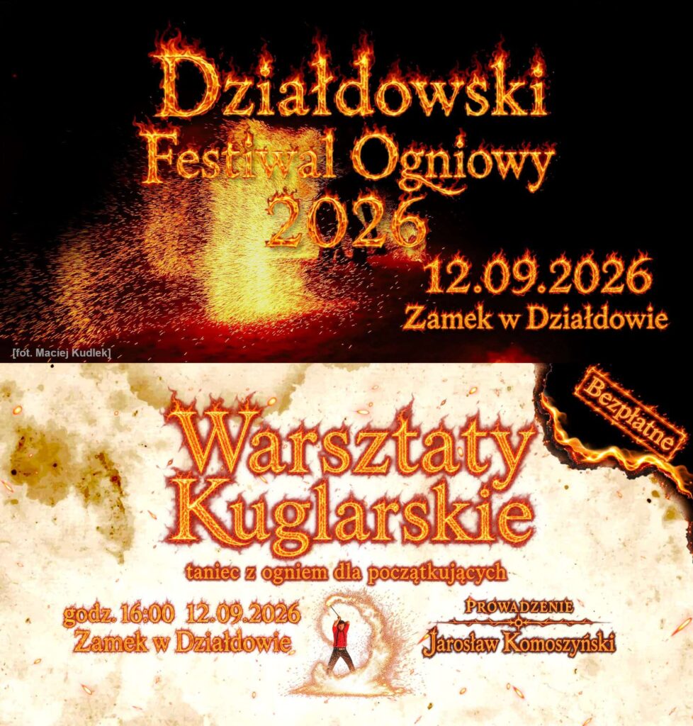 zaproszenie na na Działdowski Festiwal Ogniowy 2026 i warsztaty kuglarskie