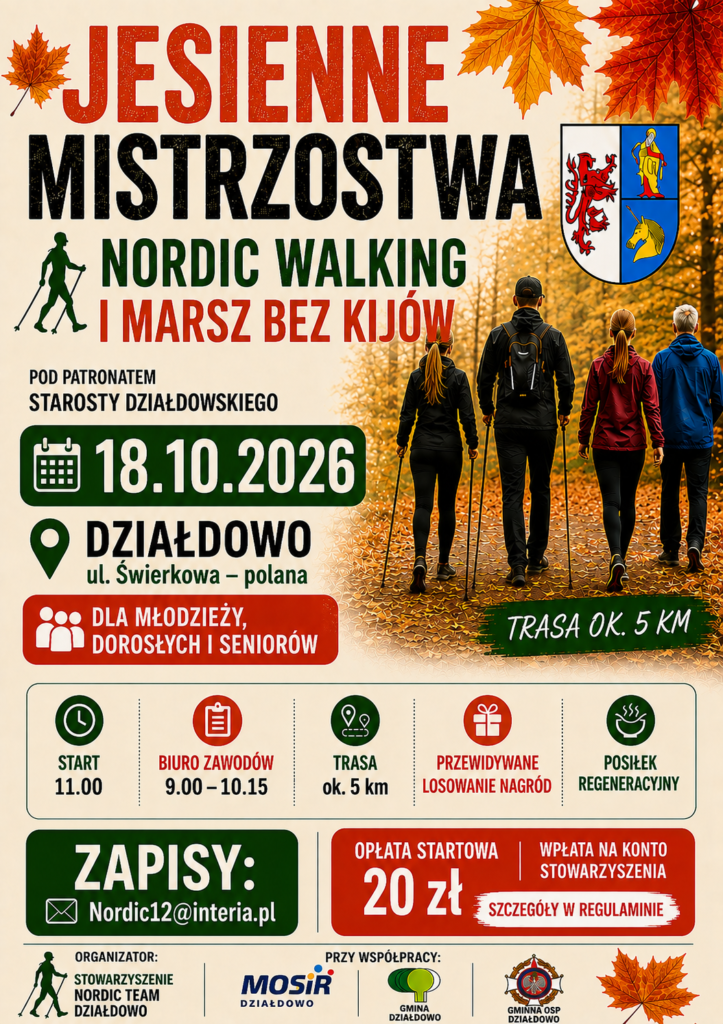 plakat informujący o Jesiennych Mistrzostwa Nordic Walking i marsz bez kijów, organizowanych przez Stowarzyszenie Nordic Team Działdowo