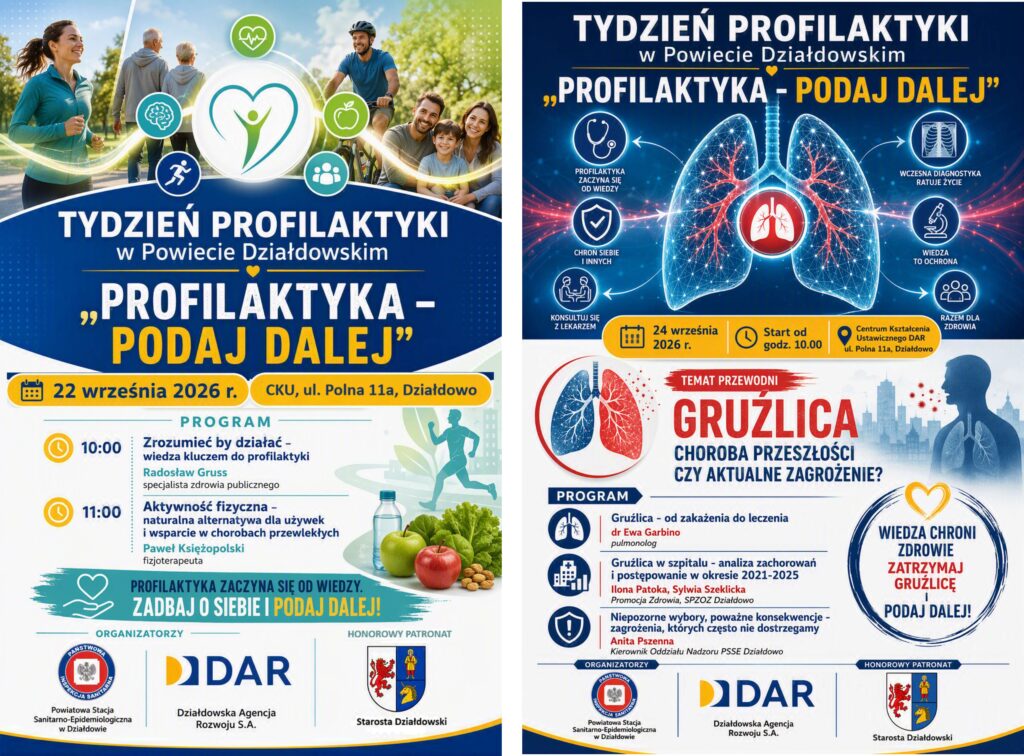 dwa plakaty zapraszające na spotkania w ramach Tygodnia Profilaktyki w Powiecie organizowanego przez nasz Sanepid