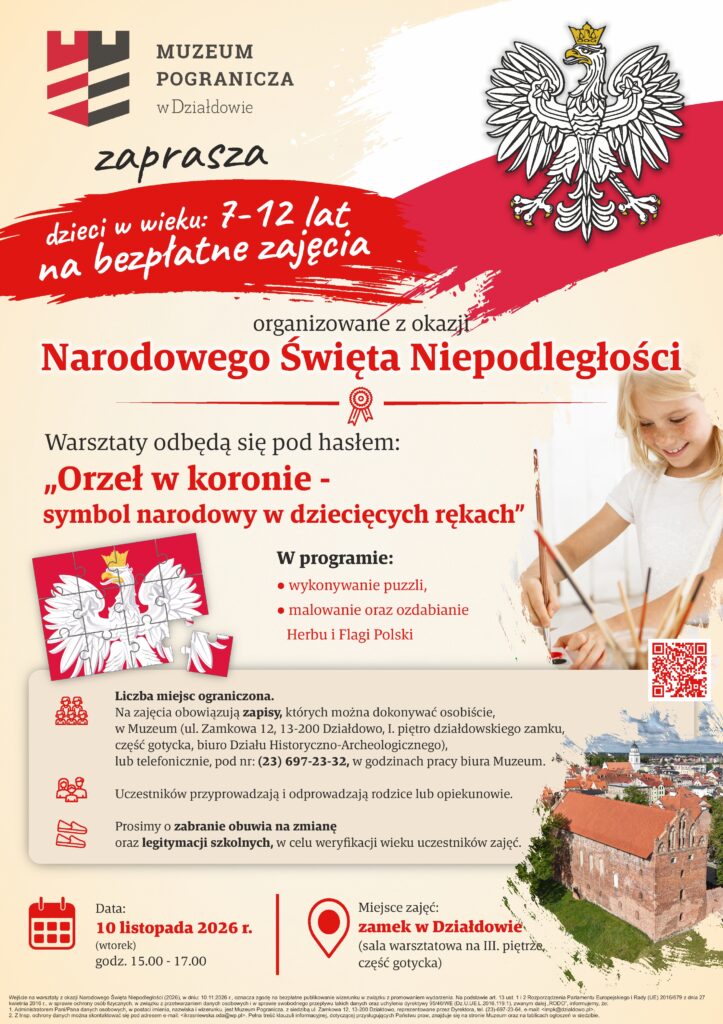 plakat informujący o warsztatach dla dzieci w Muzeum Pogranicza z okazji "Narodowego Święta Niepodległości"