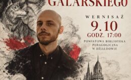 plakat zapraszający na wystawę grafik Michała Galarskiego do Powiatowej Biblioteki Pedagogicznej w Działdowie