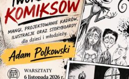plakat informujący o warsztatach tworzenia komiksów w Powiatowej Bibliotece Pedagogicznej w Działdowie