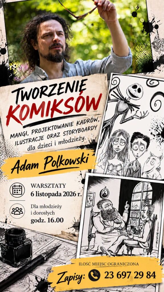 plakat informujący o warsztatach tworzenia komiksów w Powiatowej Bibliotece Pedagogicznej w Działdowie