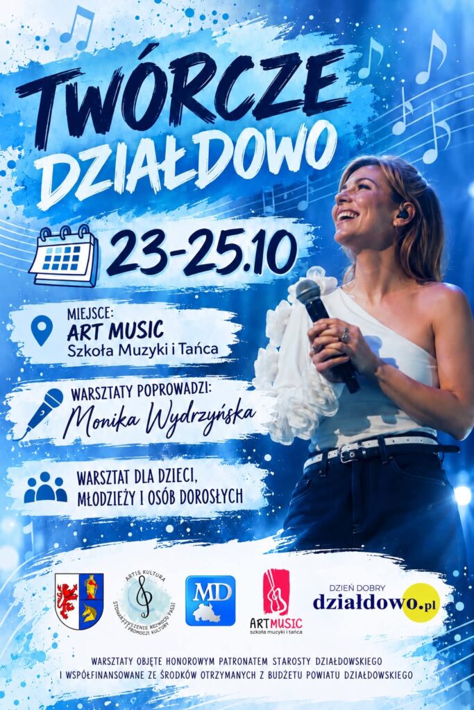 plakat informujący o warsztatach "Twórcze Działdowo" z Moniką MIMI Wydrzyńską