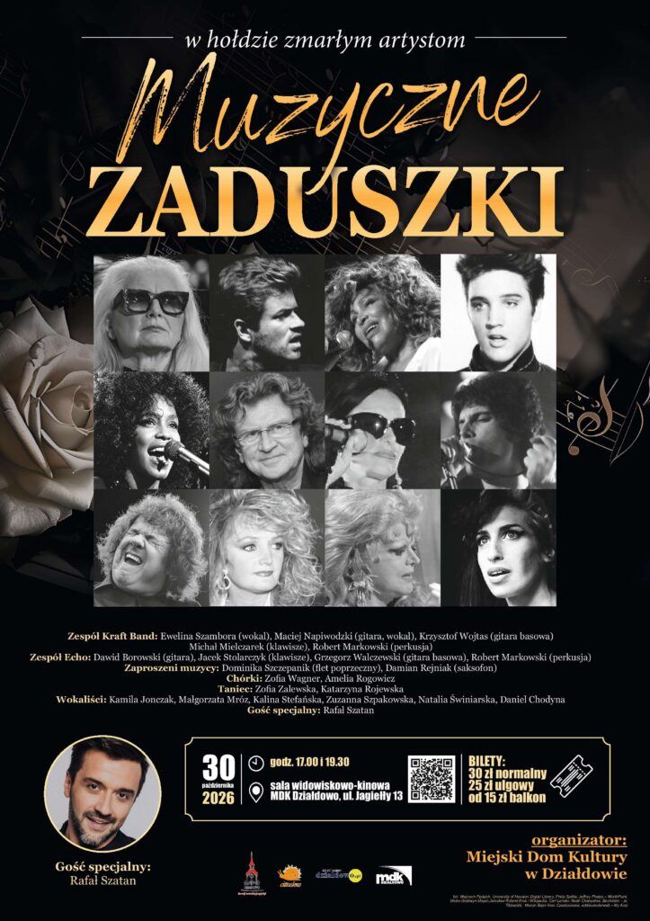 głównym plakat informujący o koncercie „Muzyczne Zaduszki” w Miejskim Domu Kultury