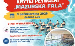 plakat informujący o otwarciu krytej pływalni "Mazurska Fala" w Działdowie"
