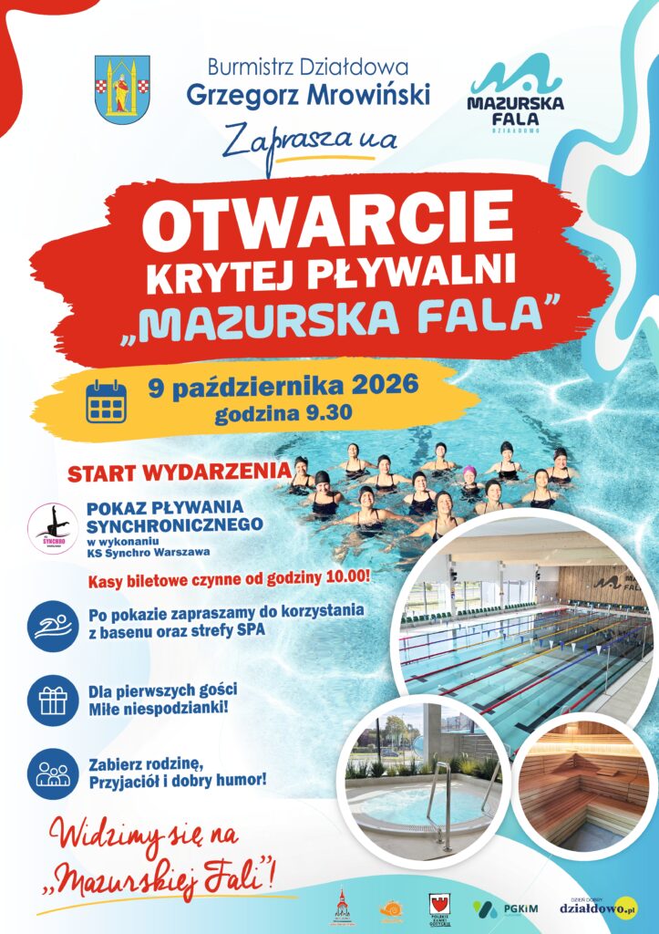 plakat informujący o otwarciu krytej pływalni "Mazurska Fala" w Działdowie"