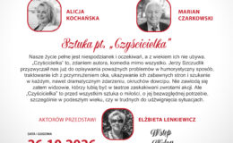 plakat zapraszający na "Teatr przy stoliku" ze sztuką "Czyścicielka" w Miejskiej Bibliotece Publicznej w Działdowie
