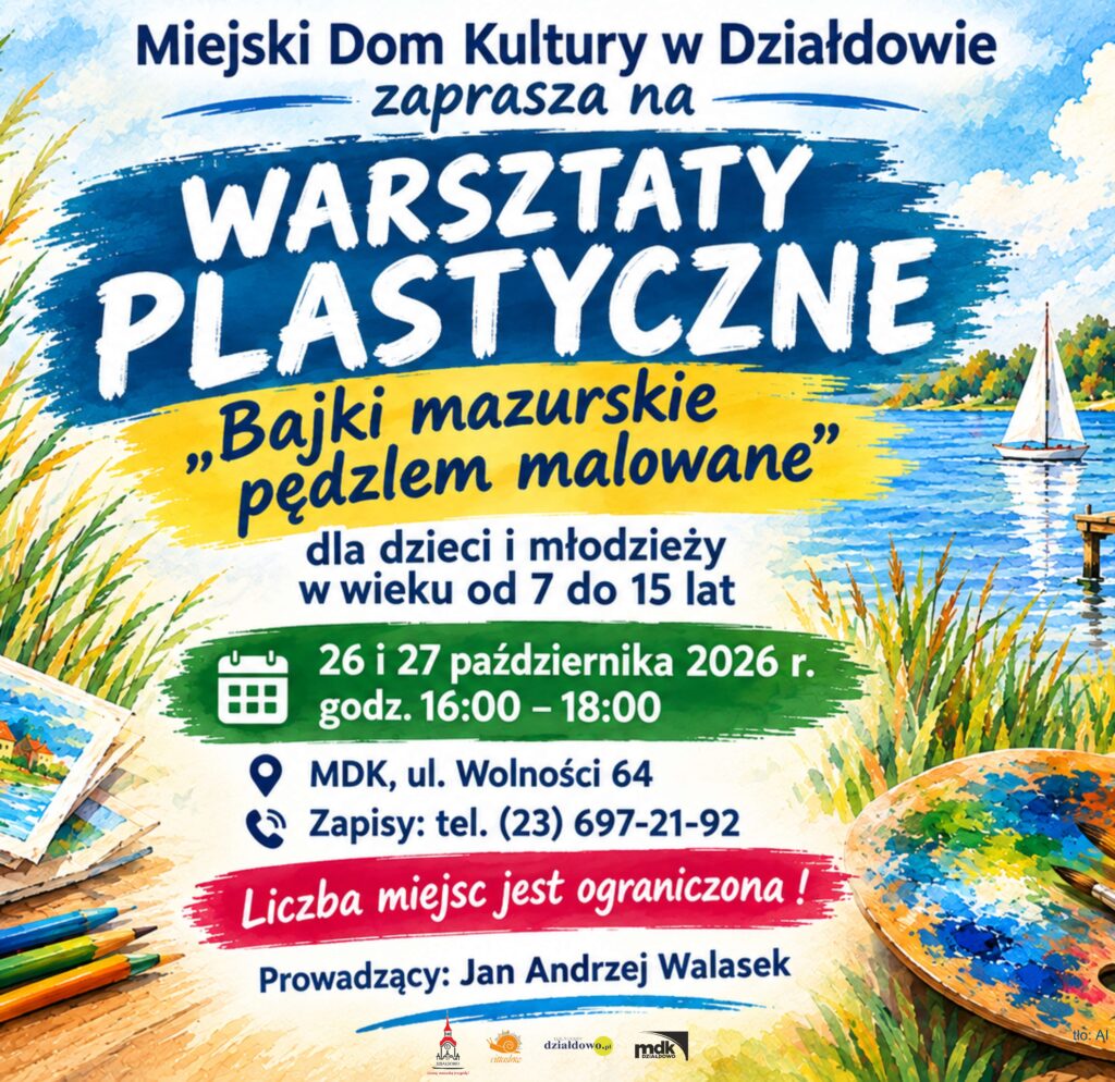 plakat informujący o Warsztatach plastycznych „Bajki mazurskie pędzlem malowane”